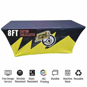 Trade Show Event 8ft Wrinkle Free Polyester Fabric Tablecloth Fitted Spandex Table Cloth Custom Table Covers