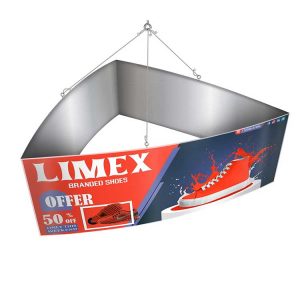 Tradw Show Business Hanging Sign Tension Fabric Curved Triangle Hanging Banners Ceiling Fabric Banner Stand