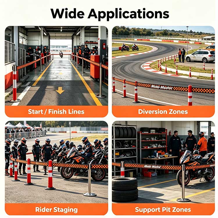 High-visibility PE barrier tape for motorcycle pit lanes, spectator boundaries & race track layout