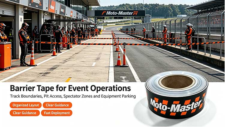 customize high-performance custom barricade tape for motorcycle pit lanes, spectator zones, and outdoor race track marking